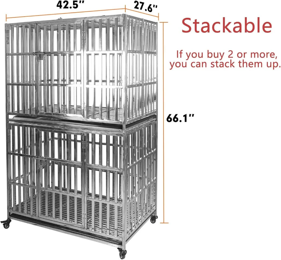 HighConcerned Industrial Strength Stainless Steel Dog Crate Stackable Rolling Kennel