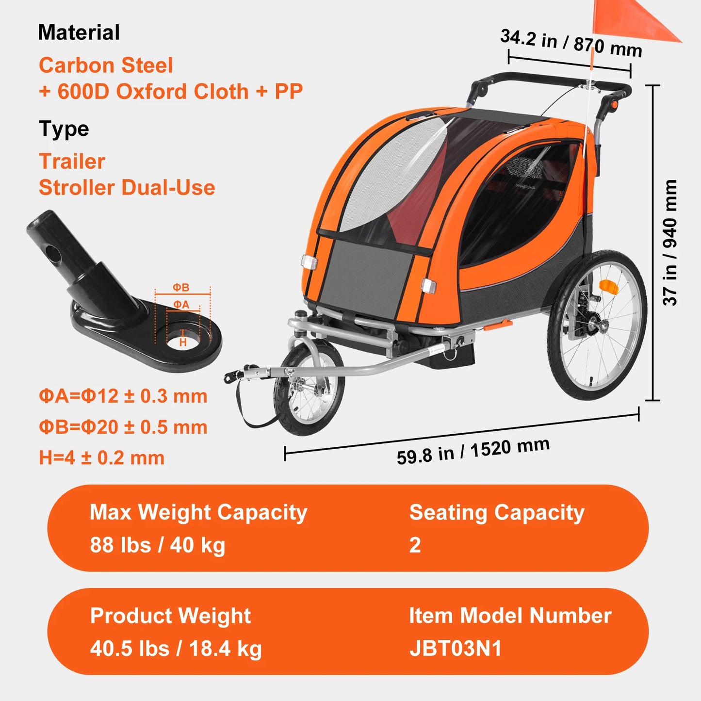 SucceBuy 2 Seat Child Bike Trailer Converts To Stroller Foldable