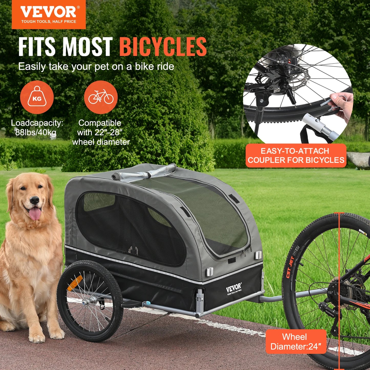 SucceBuy 88 Lb Dog Bike Trailer Pet Cart Bicycle Carrier With Wheels Reflectors for Dogs