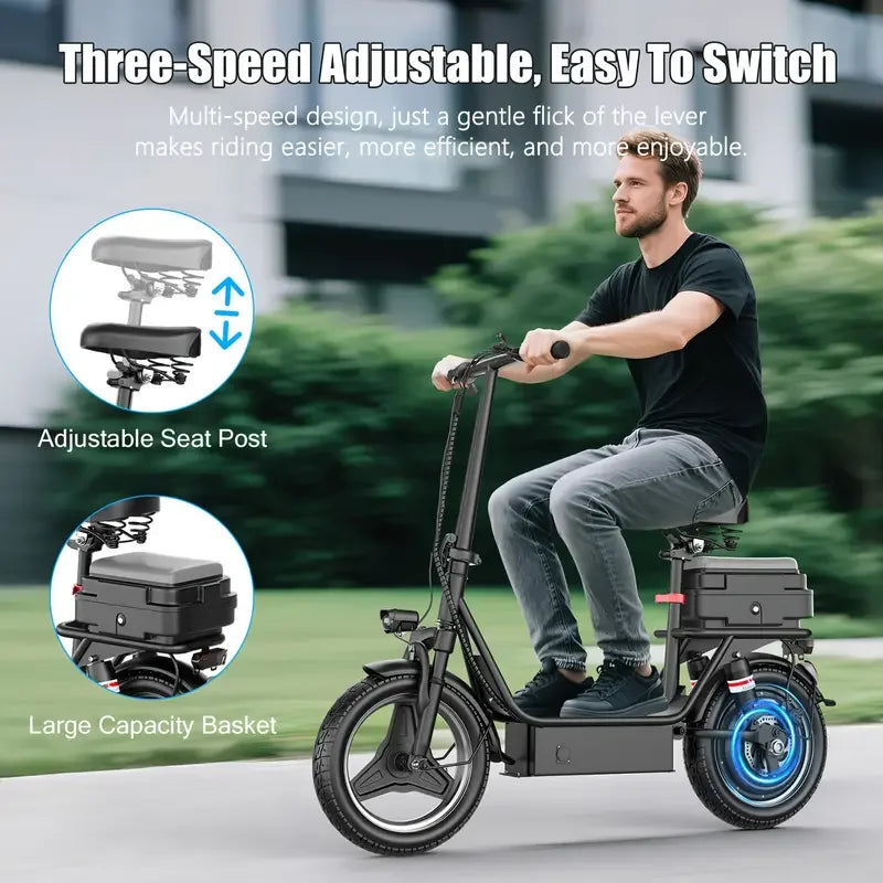 Foldable Electric Scooter With Trunk 650W Peak 48V 15Ah