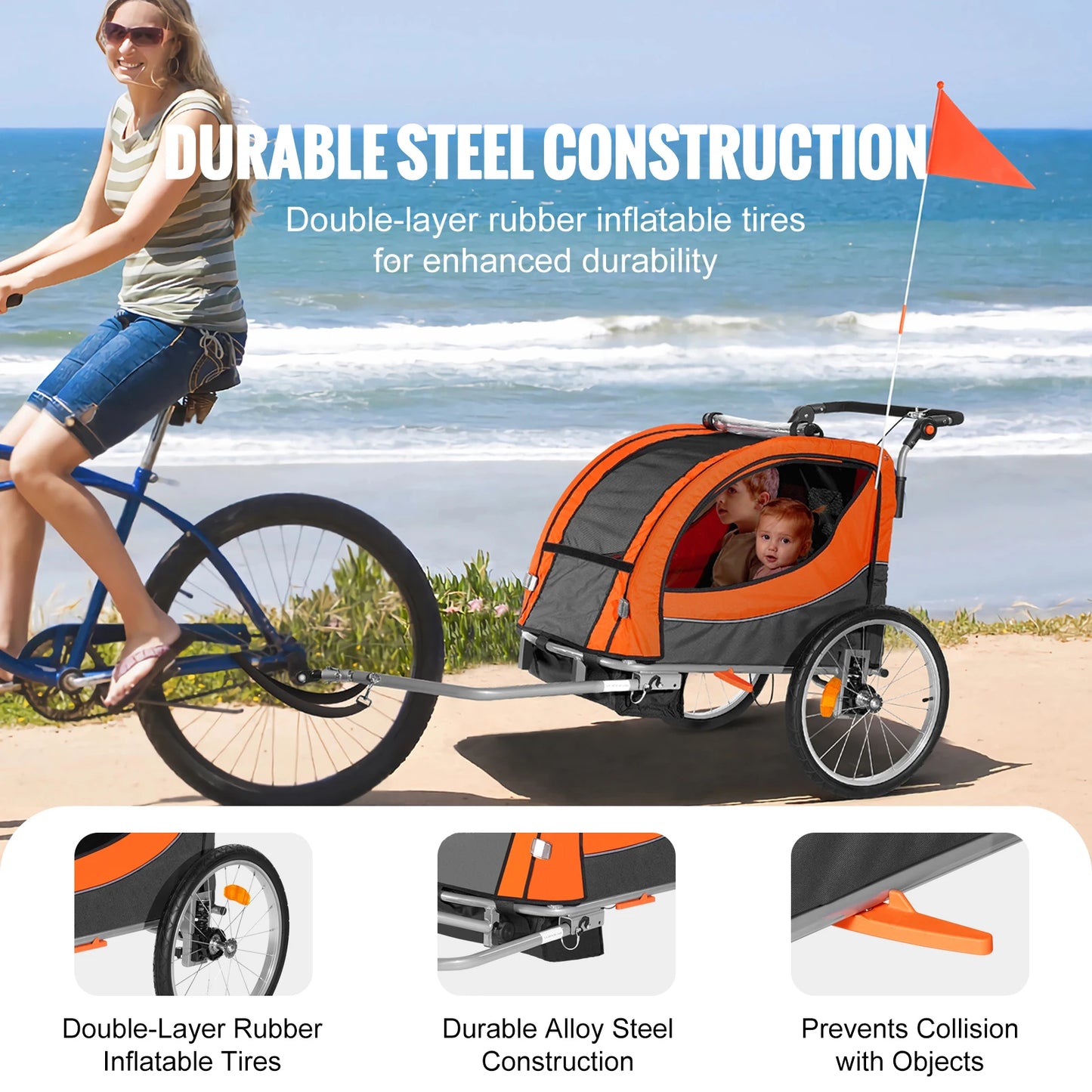 SucceBuy 2 Seat Child Bike Trailer Converts To Stroller Foldable