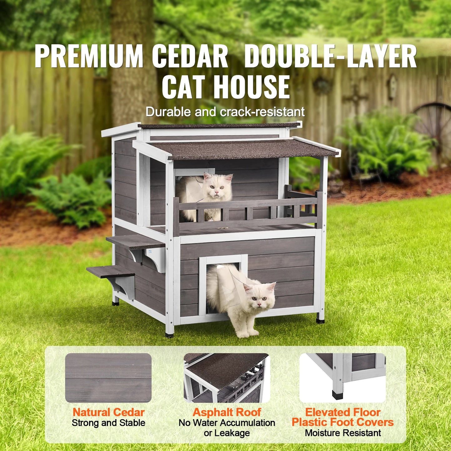 SucceBuy Outdoor Cat House Weatherproof Two Story Wooden Balcony Shelter