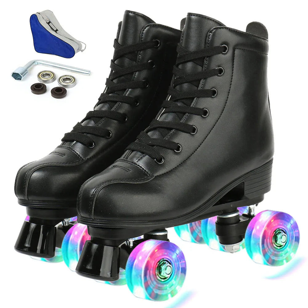 YYW Flashing Roller Skates PU Leather Inline Quad Sneakers
