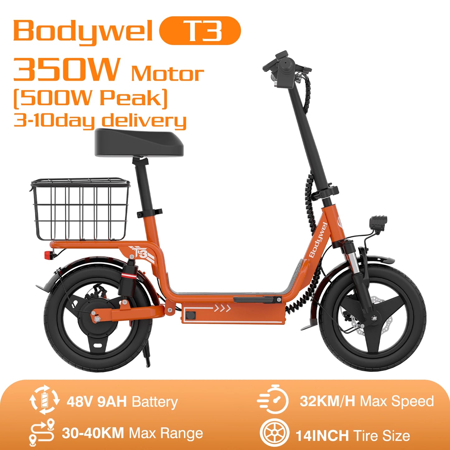 Bodywel Folding Electric Bike T3 Ebike With Rear Basket