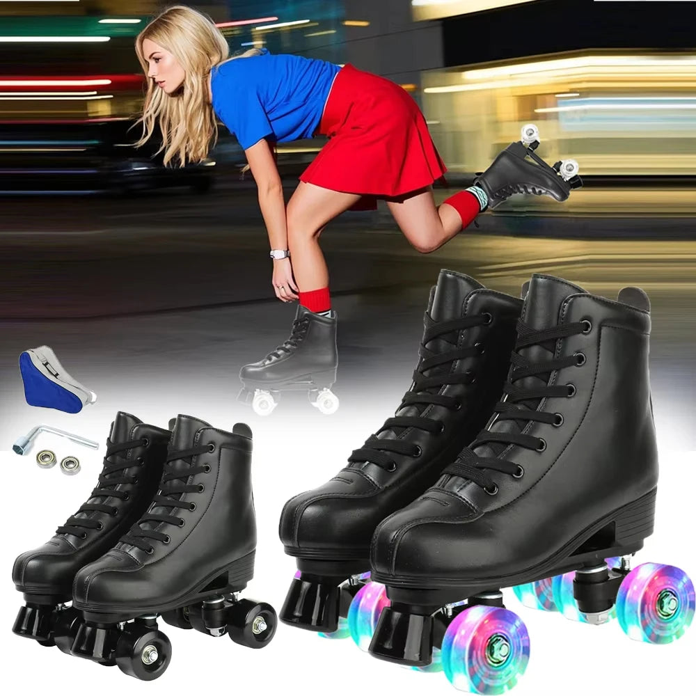 YYW Flashing Roller Skates PU Leather Inline Quad Sneakers