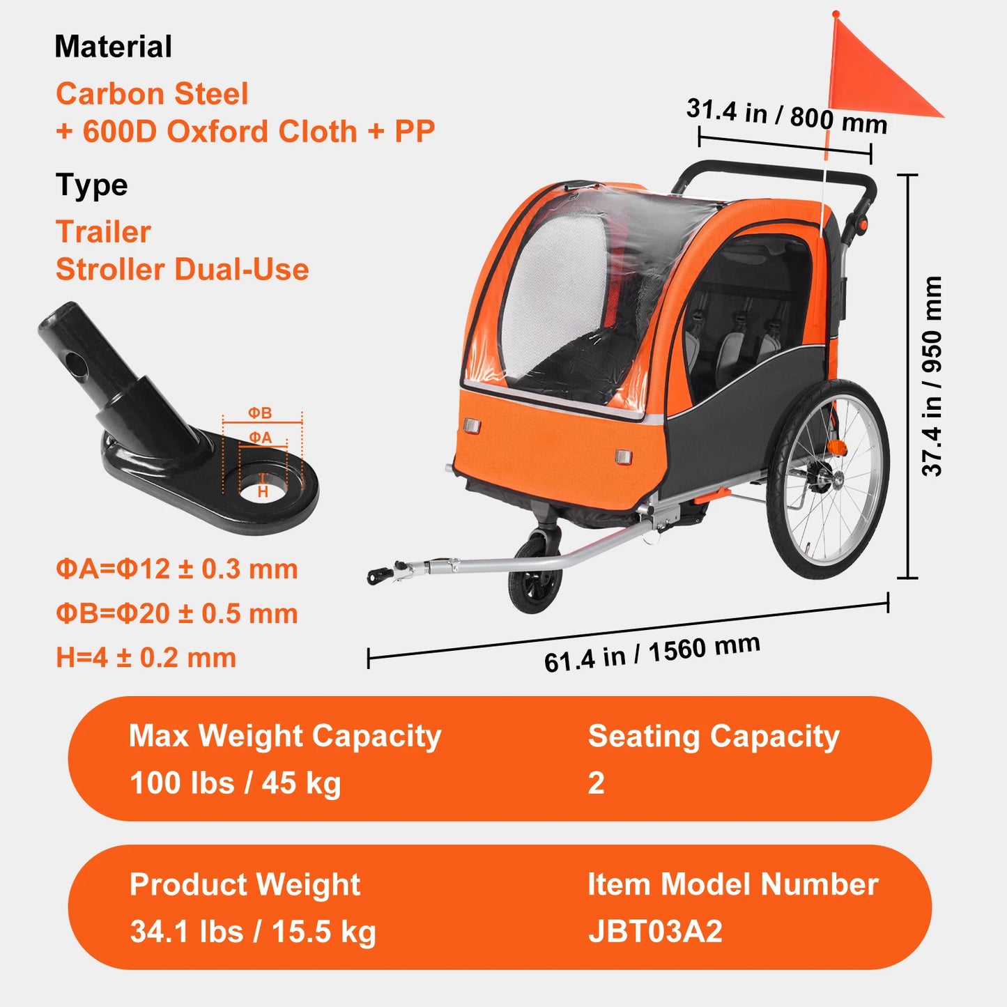 SucceBuy 2 Seat Child Bike Trailer Converts To Stroller Foldable