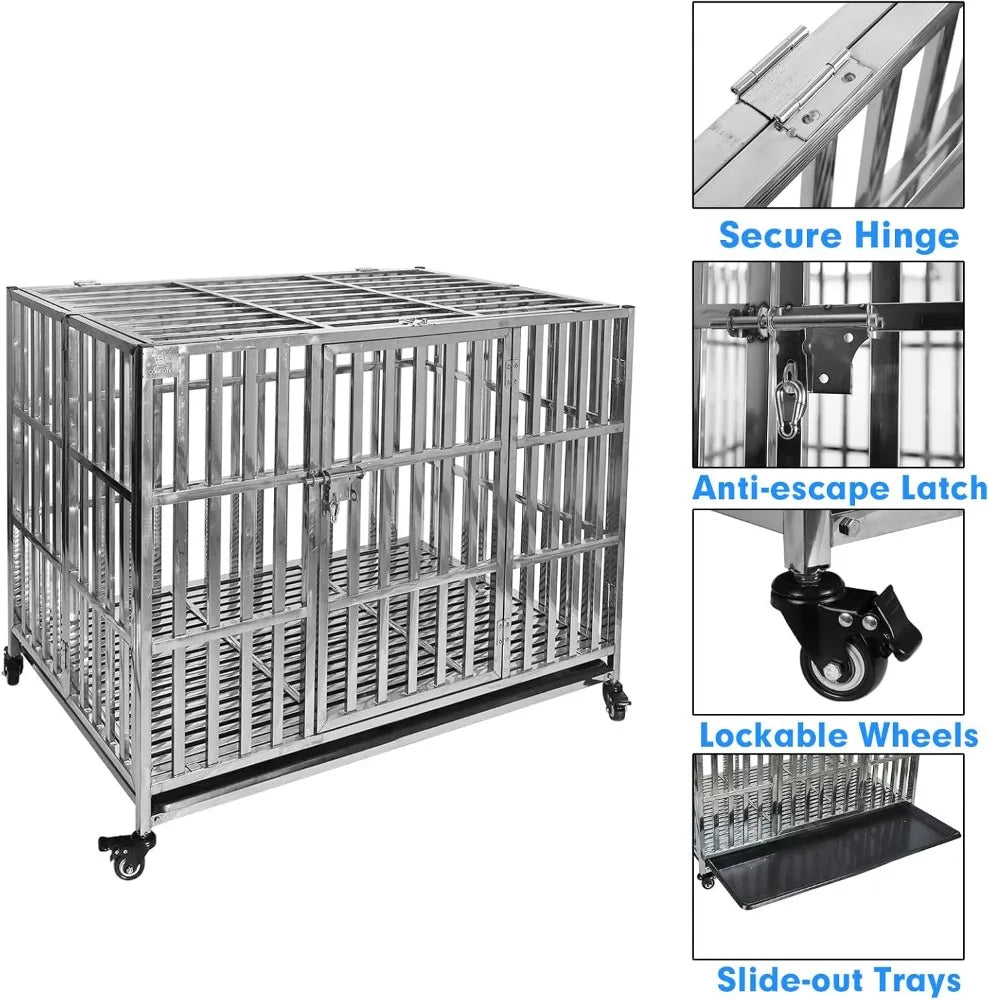 HighConcerned Industrial Strength Stainless Steel Dog Crate Stackable Rolling Kennel