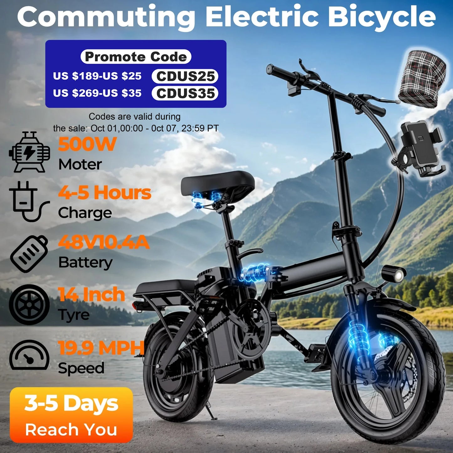 LELEKUAIC Folding Electric Bike 500W Battery Range Pro