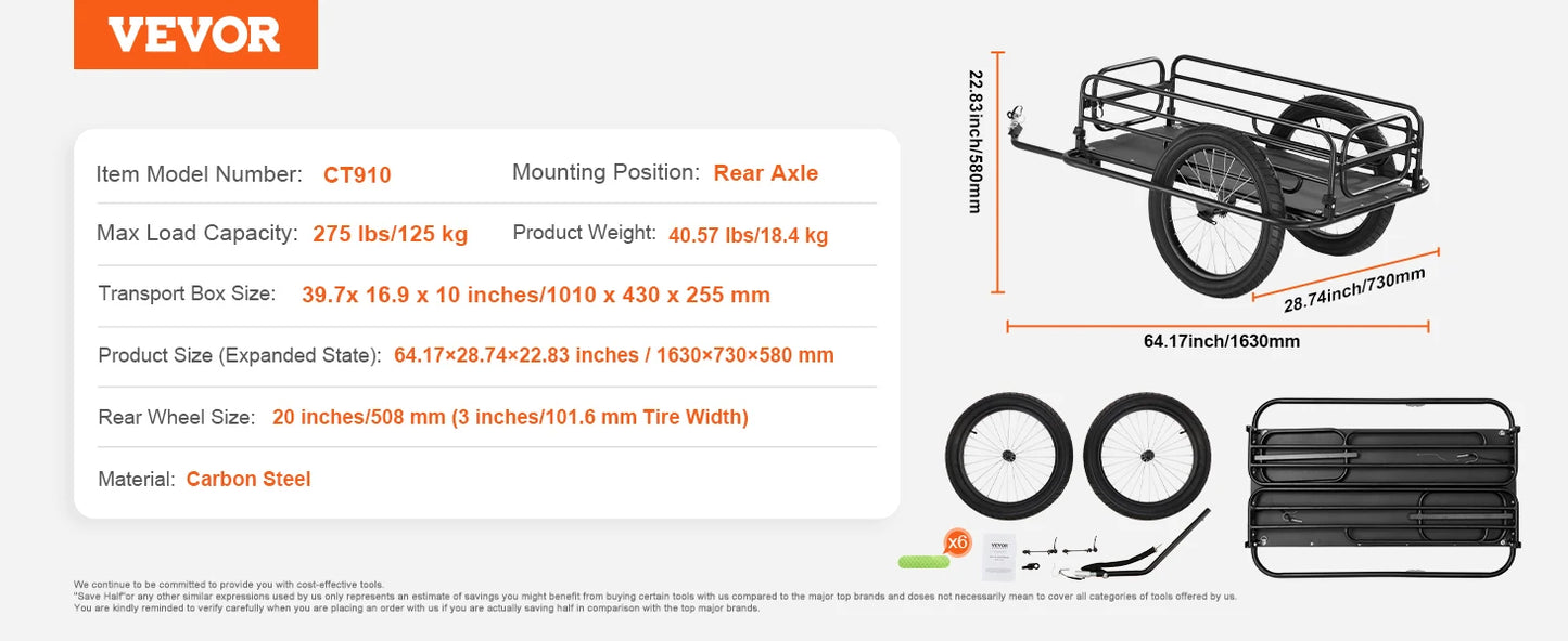275 Lbs Bike Cargo Trailer With Universal Hitch Foldable Cart For Most Bikes 20 Inch Wheels