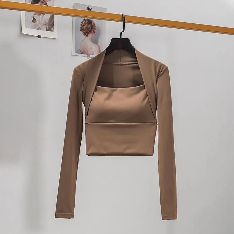 Womens Chest Cushion Long Sleeve Sports Top for Yoga and Gym