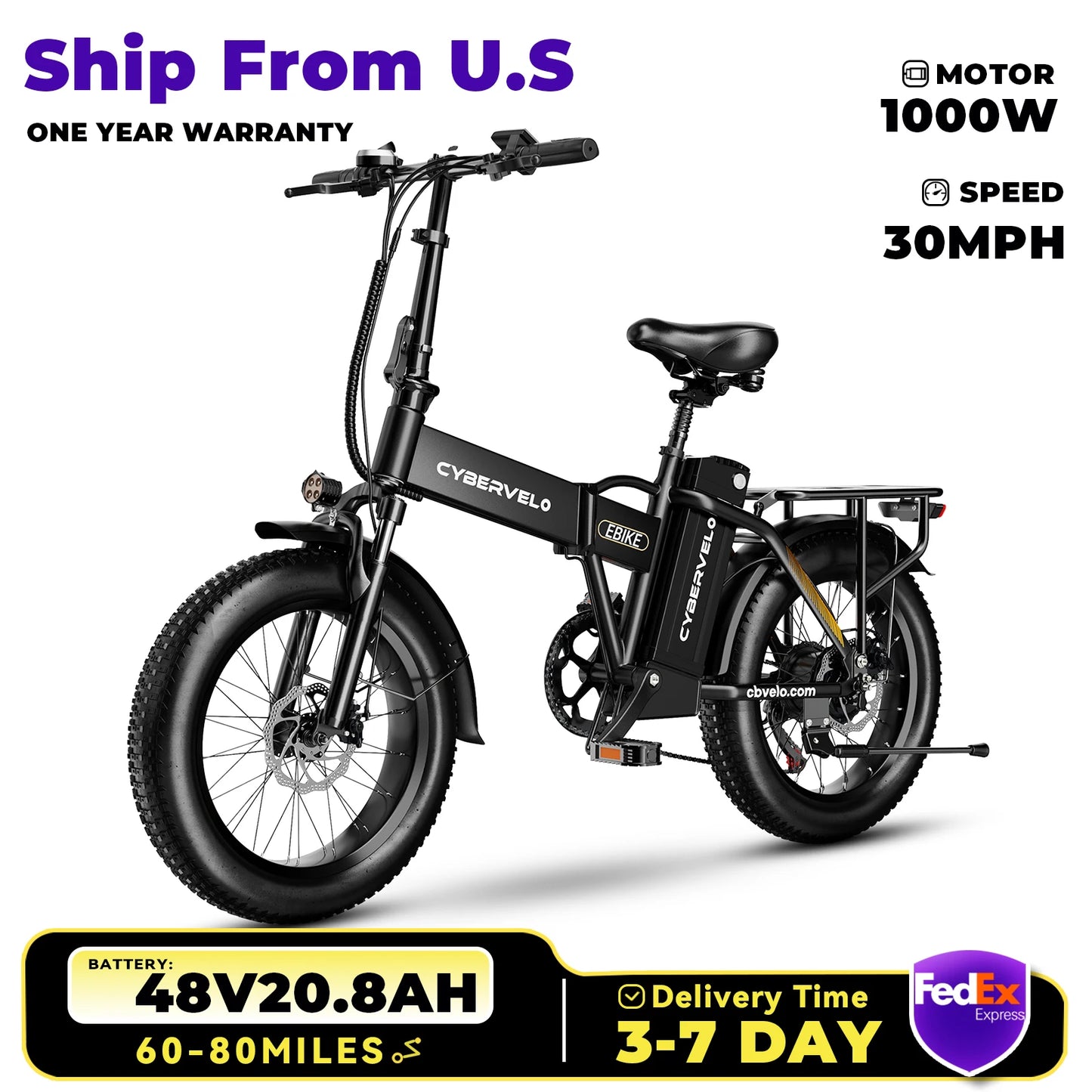 Cybervelo 1000W Folding Electric Bike 48V 20Ah Fat Tire